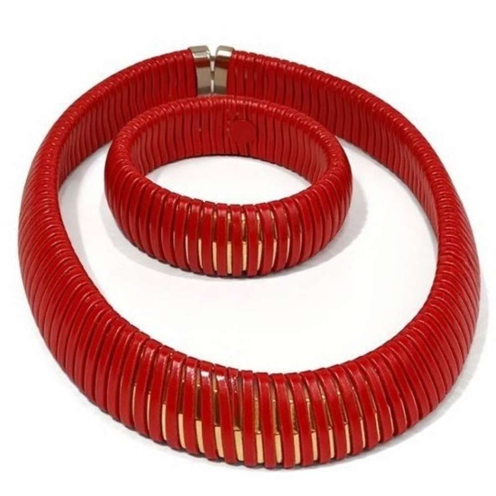 Vintage 70s Cherry Red Leather Wrap Coil Collar Necklace Bracelet‎ Set Statement